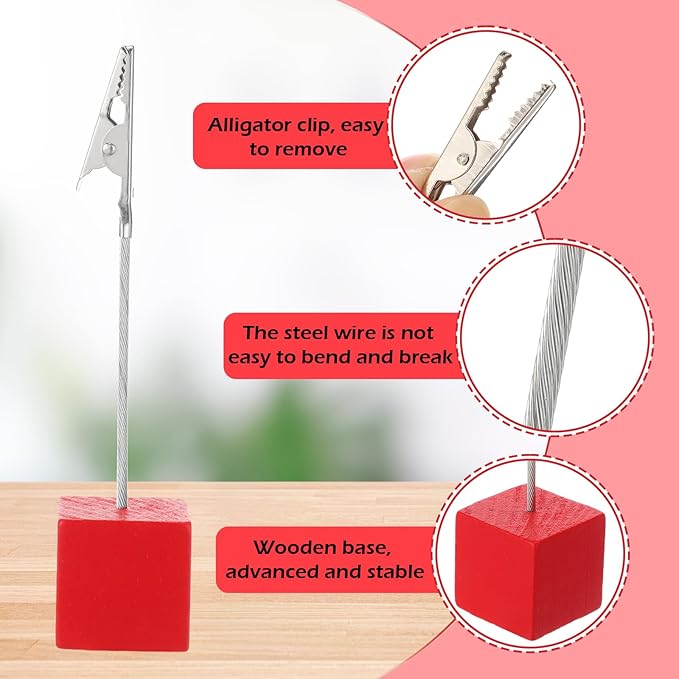 Gersoniel 20 Pcs Cube Base Memo Clip Holder with Alligator Clip Wood Table Number Holder Cube Base Place Card Stand Mini Photo Menu Stand for Displaying Number Card (Red)