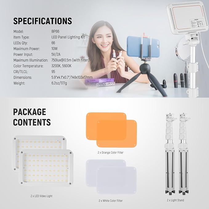 NEEWER Basics LED Video Light Panel Lighting Kit 2 Pack with Tripod Stand & Filter for Studio Photography Live Streaming Recording, Bi Color Dimmable Portable, 3200K-5600K CRI 95 750lux White, BP66