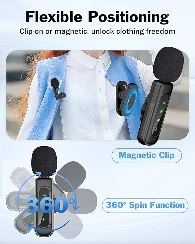 PoP Voice Mini Microphone for iPhone 16/15/14/iPad/Android, Wireless Lavalier Microphone with Magnetic Collar Clip, USB-C Mini Lapel Lav Mic with Noise Reduction for Vlog YouTube TikTok