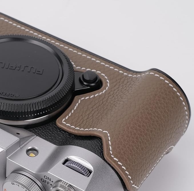 Handmade Genuine Leather Camera Half Case for Fujifilm X-T50 - Top Layer Cowhide Body + Metal Base Plate - Hand Shank Free Design (Brown)