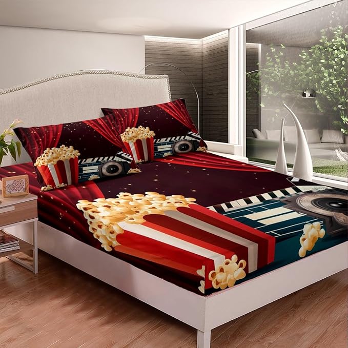 Erosebridal Movie Themed Sheet Set Queen Size Home Theater Decor Bed Sheets Set for Boys Girls Family Movie Film Sheets Film Lover Modern Fitted Sheet Vintage Theater Decor Flat Sheet