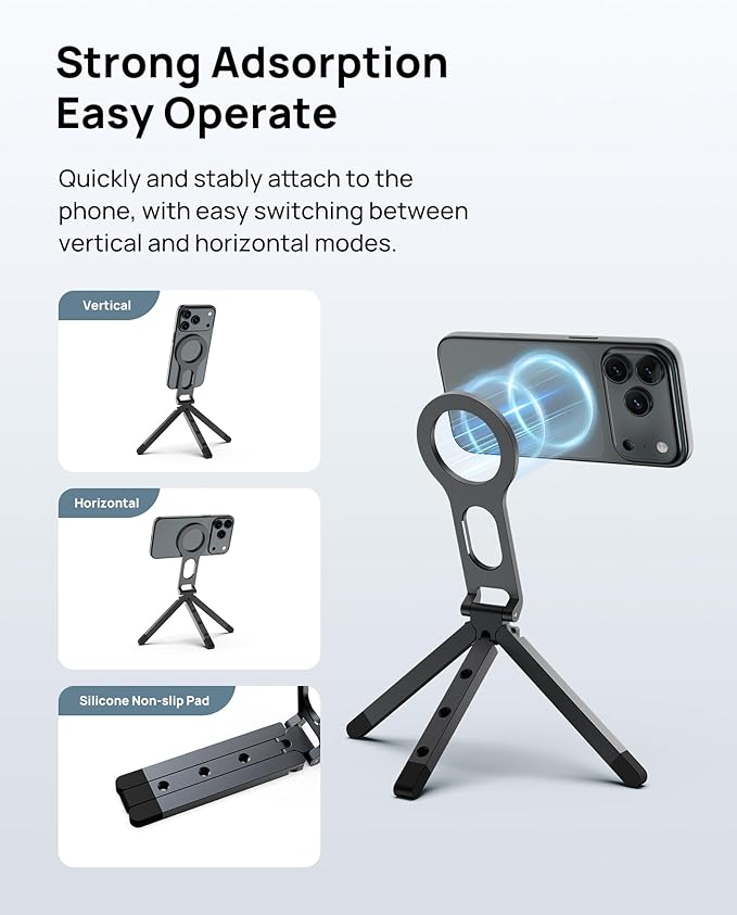 SODI Magnetic Phone Tripod Stand for iPhone - Strong Magnet Foldable Cell Phone Stand for Vlog, Gym, Travel Essentials, Mini Tripod Phone Stand Compatible with iPhone 17 16 15 14 13 12 Series