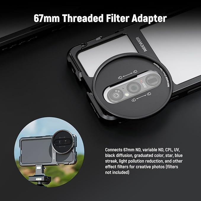 NEEWER Xperia 1 V Cage, Quick Release Video Rig Case Phone Stabilizer Holder for Recording Filming, 67mm Filter Adapter, 17mm Lens Backplate, T Mount Lens Backplate Compatible with Moment Sony, PA087