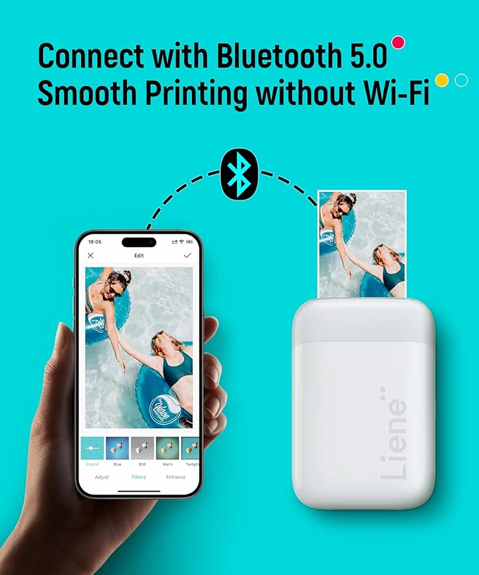 Liene 2x3” Photo Printer, Mini Picture Printer w/ 10 Zink Adhesive Paper, Bluetooth 5.0, Compatible w/iOS & Android, Portable Color Mono Instant Sticker Printer for iPhone, Smartphone, Pearl White