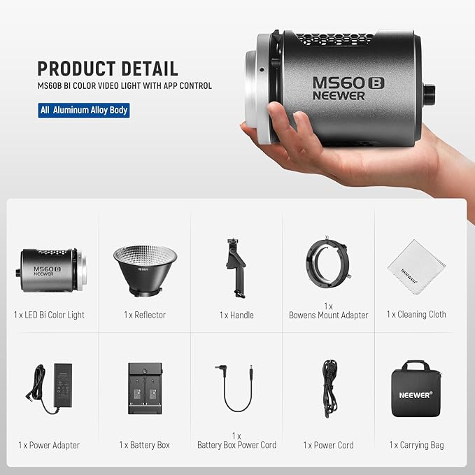 NEEWER MS60B LED Video Light 2.4G/APP Control, 65W Metal Mini Compact COB Continuous Output Lighting Bowens Spotlight for Photography Studio Recording, 40000lux/1m 2700-6500K CRI 97+/TLCI 98+, Silver