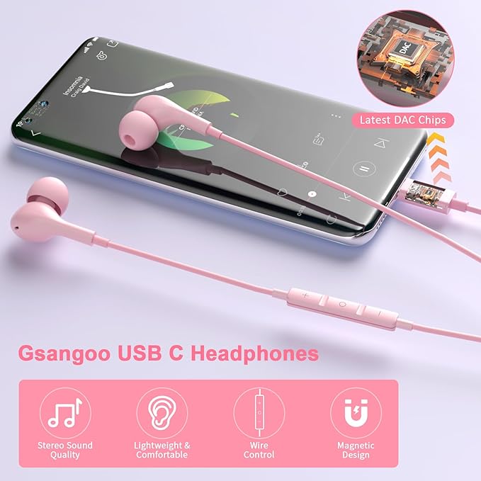 USB C Headphones Wired Earbuds for iPhone 17 16/15 Pro Max/iPad Pro, with HiFi Mic Volume Control Type C Earphones for Samsung Galaxy S25/S24/S23 Ultra, Noise Cancelling for iPhone 15 Headphones, Pink