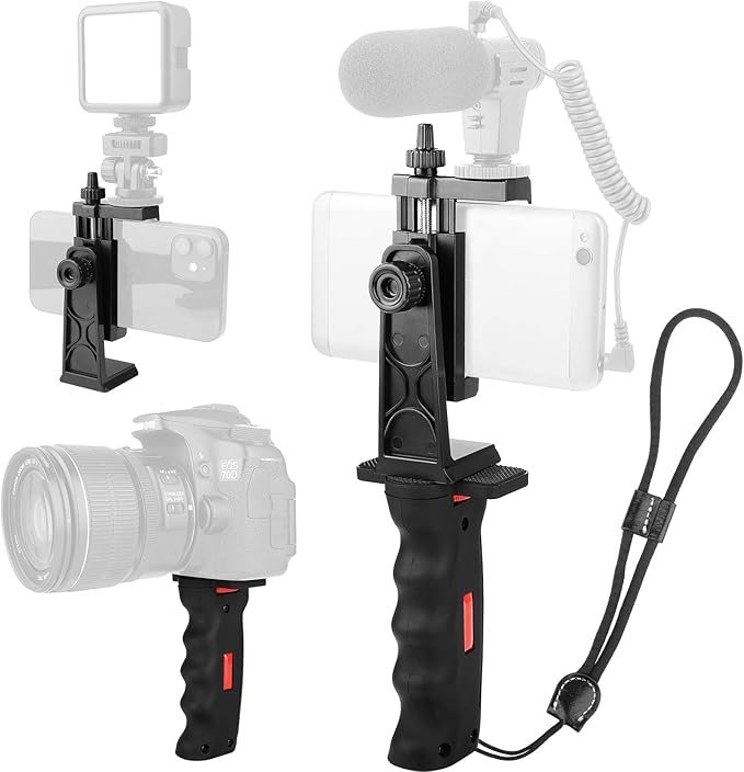 Vlogging Holder, Cell Phone Camera Handle Grip Stabilizer, Ergonomic Phone Video Stabilizer, Handheld Selfie Stick Smartphone Holder with Cold Shoe Mount for Mic/Flash Light, Wrist Strap