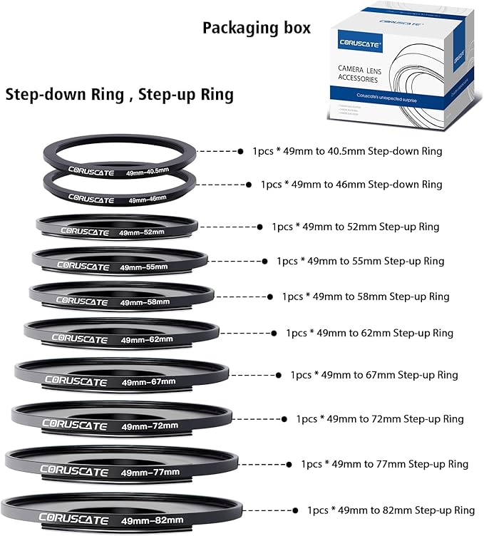 10Pcs Filter Ring Adapter Set,Lens Filter Step-Up Ring for All Brands UV ND CPL (49-40.5mm,49-46mm,49-52mm,49-55mm,49-58mm,49-62mm,49-67mm,49-72mm,49-77mm,49-82mm)