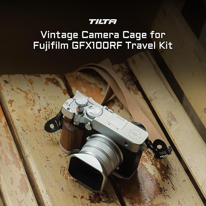 Tilta Vintage Camera Cage Compatible with Fujifilm GFX100RF – Travel Kit, Black | L-Bracket with Wooden Grip, Top Plate, Hot Shoe Thumb Grip, ARCA Adapter, Strap Buckles | Lightweight Design