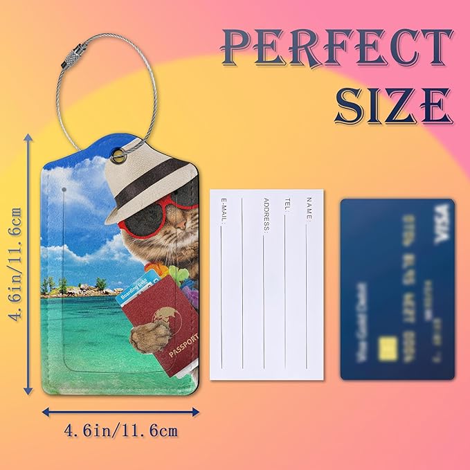Luggage Tags for Suitcase,2 Pack Funny Cat Leather Travel Cruise Luggage Tag with Privacy Flap,Name ID Label and Metal Loop for Women Girls Suitcase Backpack