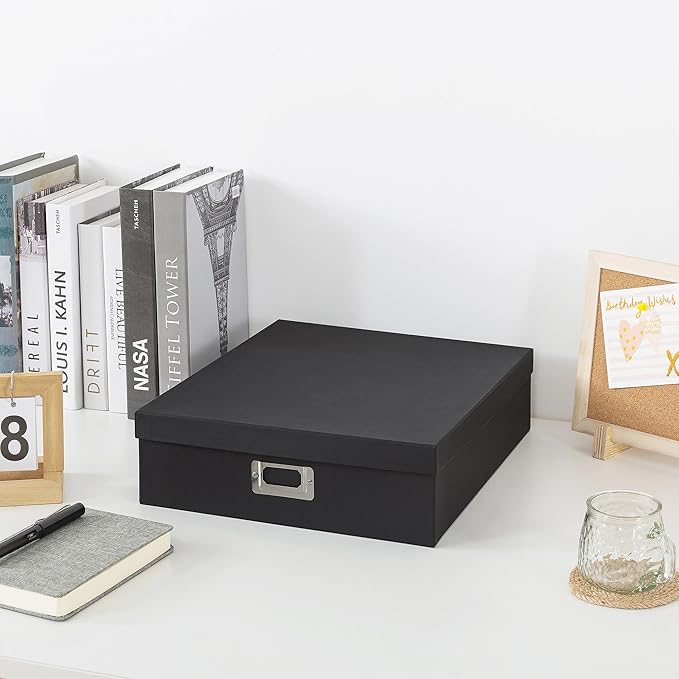 Soul & Lane Photo Storage Box with Lid, 14.8 × 13.0 × 3.7 Inches, Keepsake Memory Organizer, Cardboard Storage for Photo Albums, Scrapbooks, Artwork, Stationary, Memorabilia, Craft Supply, Black