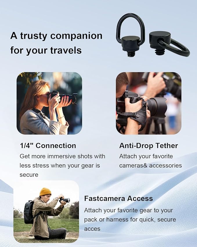 4Pcs Stainless Steel D Ring Screw Adapter, 1/4"-20 Camera Fixing Screw with Rubber Padded for Tripod Camera Shoulder Straps, Selfie Sticks, Gimbals, Black