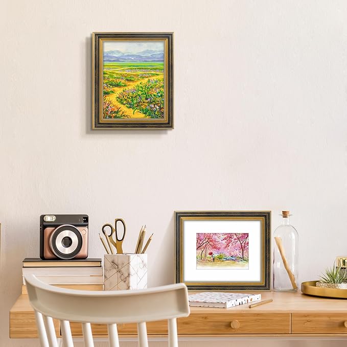 Golden State Art,8x10 Ornate Picture Frame for 5x7 Photo with Mat or 8 x 10 Prints without Mat, Real Glass Wall & Tabletop Display Horizontally or Vertically (Color:Black Gold)