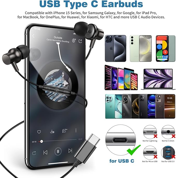 COOYA USB C Headphones Type C Wired Earbuds for iPhone 17 16 Pro 15 iPad 10 Air 6 Pixel 9 8a Magnetic Bass Noise Canceling in-Ear Earphones+Mic for Samsung Galaxy S25 Ultra A16 S23 A35 for OnePlus 13