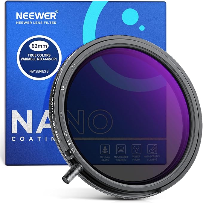 NEEWER 82mm True Colors Variable ND&CPL Filter with Putter, ND3-64(1.5-6 Stops), 2 in 1 Adjustable Limited Neutral Density & CPL Filter, Multi Coated HD Optical Glass/Aluminum Frame/Scratch Resistant