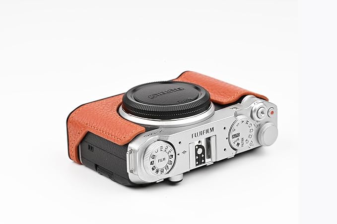Uchandmade Handmade Genuine Leather Camera Half Case for Fujifilm X-M5/Fujifilm X-M5 Camera Case/Fujifilm X-M5 Case - Top Layer Cowhide Body + Metal Base Plate (Orange1)