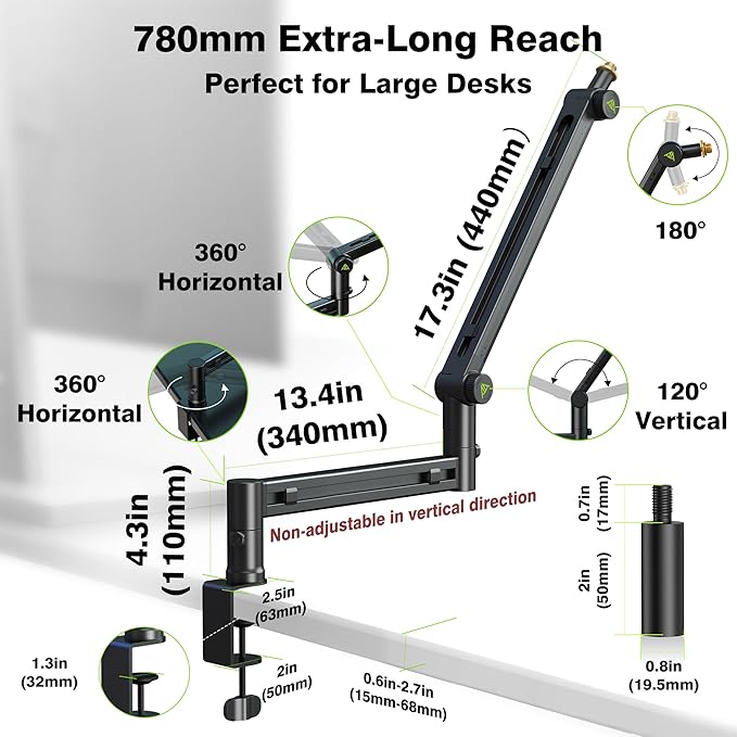 Low Profile Boom Arm (Design for Heavy Mic) 6.6lbs Load Capacity, Stable Gear Lock Structure Never Sags, Metal Microphone Stand Desk Mount for Shure SM7B MV7+, Blue Yeti,Rode PodMic
