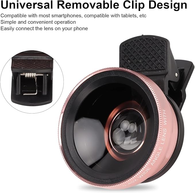 Phone Camera Lens, 2 in 1 Phone Lens Kit, 0.45X Ultra Wide Angle and 12.5X Macro Lens, with Travel Case, HD Professional Universal Clip Lens Kit for Most Smartphones, Tablets(Rose Gold)