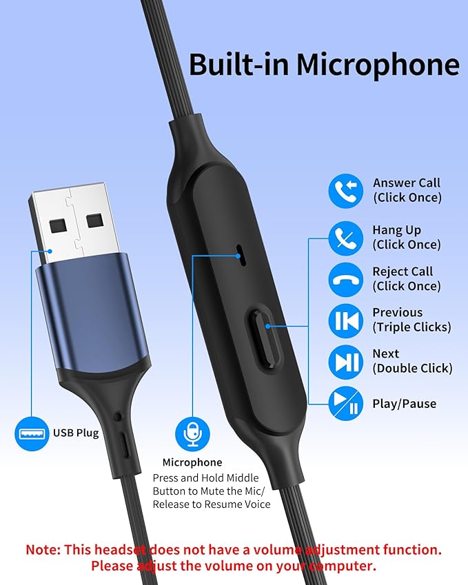 USB Earbuds with Microphone for PC Laptop,Wired USB A Headphones with Mic& Earfins Hook for Computer Office Work,7.5ft Noise Canceling Stereo Computer Headset for Dell/HP/Chromebook Game School,Black