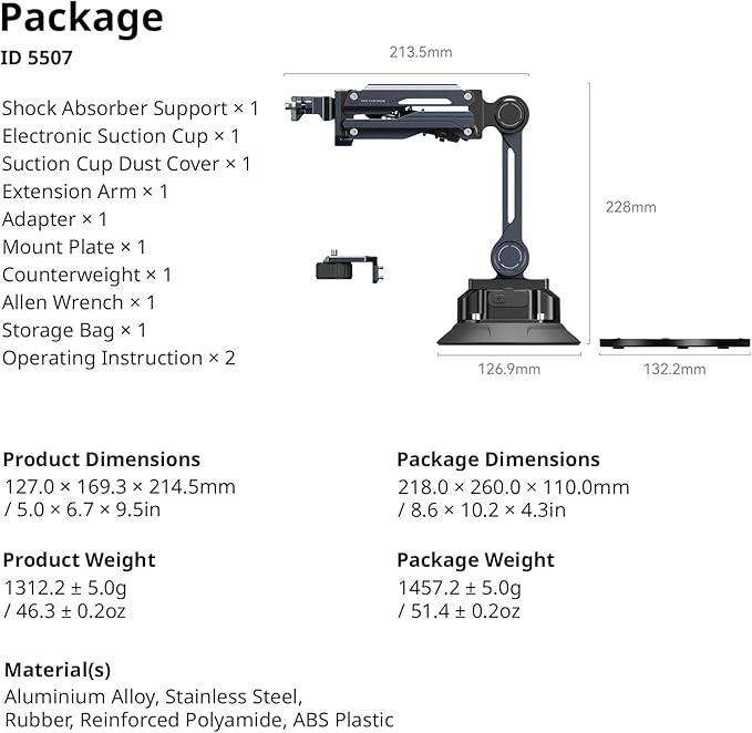 SMALLRIG Mini Electronic Shock Absorber Arm, 5” Vacuum Suction Cup Car Mount for DJI Osmo Pocket 3/for GoPro HERO13/for Insta360 X5/X4/X3 Ace Pro2, 2000mAh, Double Spring and Hydraulic Damping -5507