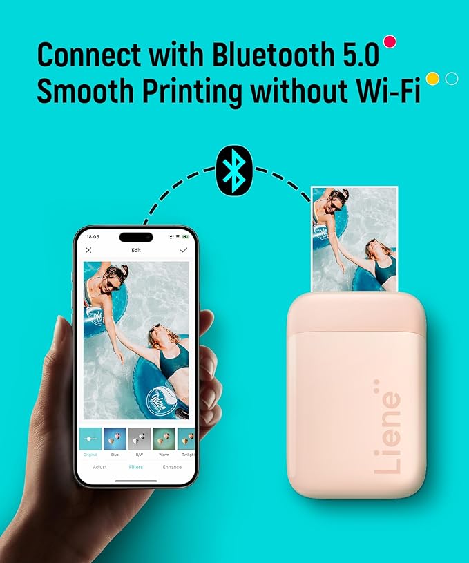 Liene Photo Printer, 2x3 Mini Instant Portable Color Mono Picture Printer w/ 50 Zink Adhesive Paper, Bluetooth 5.0, Compatible w/iOS & Android, Small Photo Maker for iPhone, Smartphones, Pink