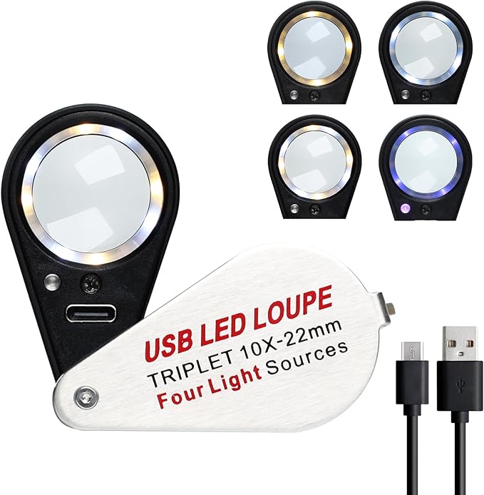 JuviPerpric 10X Jewelers Loupe with UV & LED Lights with Four Light Modes,22mm Portable Pocket Folable Loupe Jewelry Magnifier for Jewelry, Rocks, Coins (Sliver)