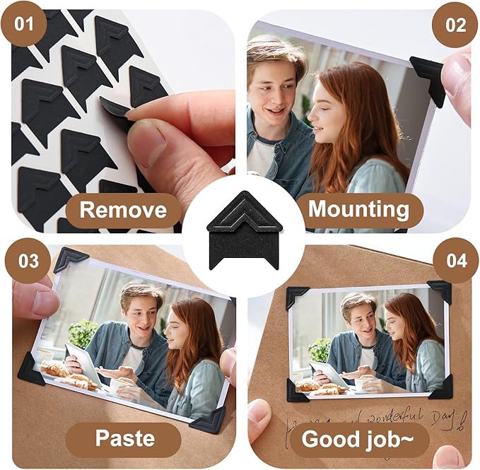 CHIALLCO Acid Free Photo Corners Self-Adhesive, 120 Pcs Premium Photo Corners for Scrapbooking, Black Photo Picture Mounting Corners for Photo Album, DIY Scrapbook Stickers, Memory Books, Diary