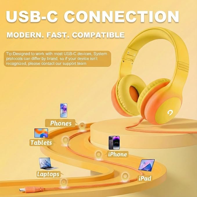 Wired Kids Headphones with USB C Plug, 85dB Safe Volume, Adjustable Headband, Tangle-Free Cord Headphones for School, Tablet, Travel (Yellow & Orange, Without Microphone)
