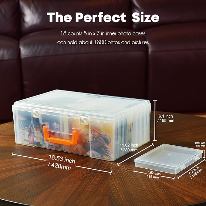 ALINK Photo Storage Box 5" x 7" with Handle, 18 pcs Inner Photo Container Organizer and Craft Keeper, Portable Picture Case with Label for Arts, Crafts, Sewing, Stickers, Office - Clear