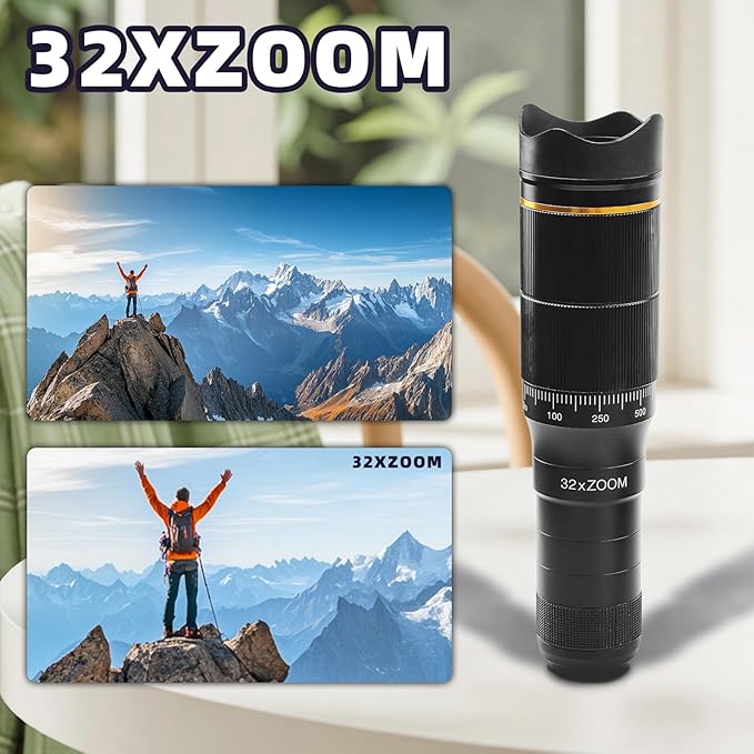 Phone Camera Lens Kit, 32X Long Focus Telephoto High Power HD Lens Wide Angle 0.63X Macro Fisheye 198° for Most Smartphones, Zoom Phone Camera Lens with E-Clip and Tripod for Picture Video Taking