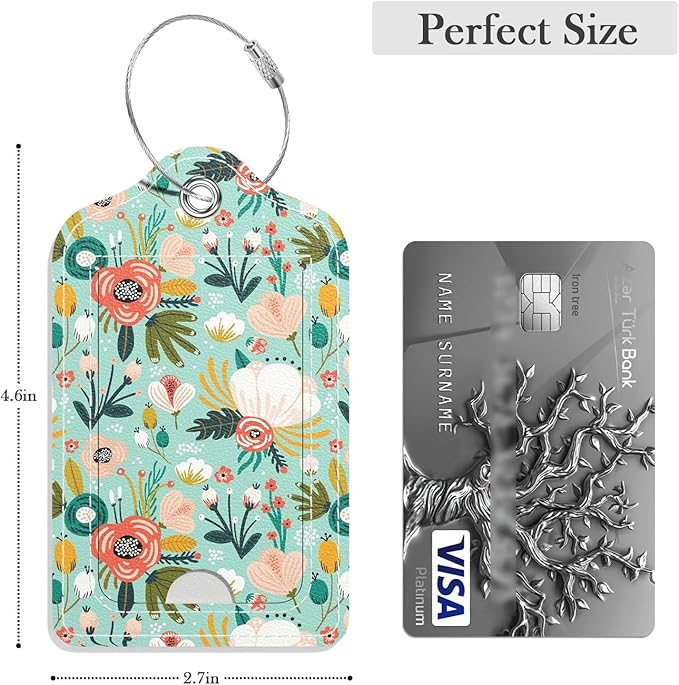 Luggage Tags for Suitcase, 4 Pack PU Leather Travel Cruise Luggage Tag with Privacy Flap, Name ID Label and Metal Loop for Women Men Girls Suitcase Baggage Bag Backpack, Green Flowers