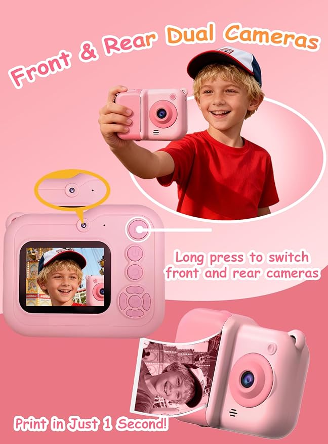 Kids Camera Instant Print, Christmas Birthday Gifts for Girl Boys 3-12 Years Old, Dual Camera HD Digital Video Cameras for Toddler 4 Rolls Print Paper & 32G Card (Pink)