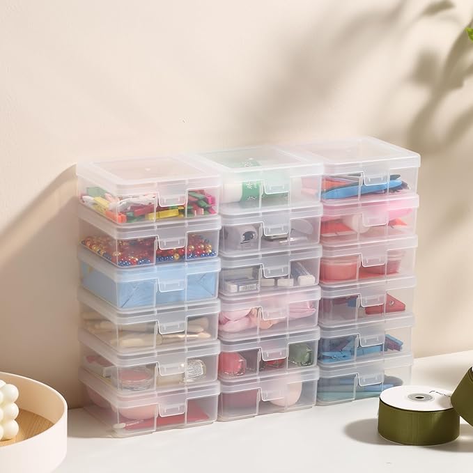 novelinks Small Plastic Storage Box Containers with Latching Lids - Craft Organizers and Storage Stackable Storage Organizer Pencil Crayon Box (18 Pack Small -Clear)