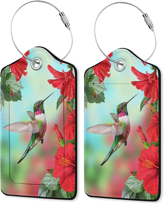 2 Pack Leather Luggage Tag for Suitcase Hummingbird and Hibiscus Unique Travel Tags with Privacy Cover ID Label & Stainless Steel Loop for Men and Women Baggage