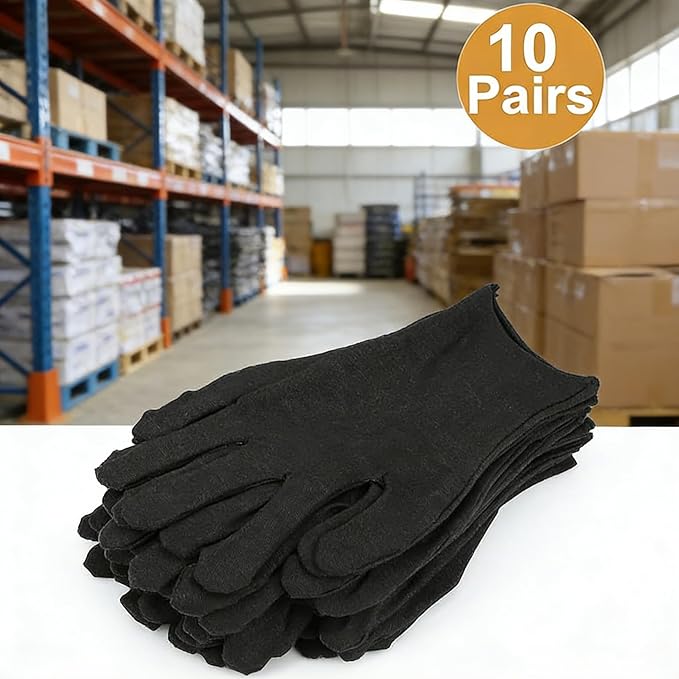 10 Pairs Black Cotton Gloves - Multi-Use Cloth Work Gloves Liners for Art Handling, Coin Jewelry Inspection, Eczema Dry Hands | Unisex for Men Women