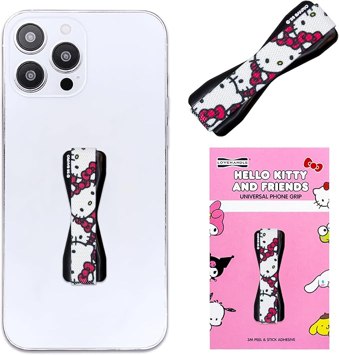 Hello Kitty® Pattern - LOVEHANDLE Universal Phone Grip for Smartphones & Mini Tablets - Phone Holder for Hand - Wireless Charging Compatible - Made in The USA