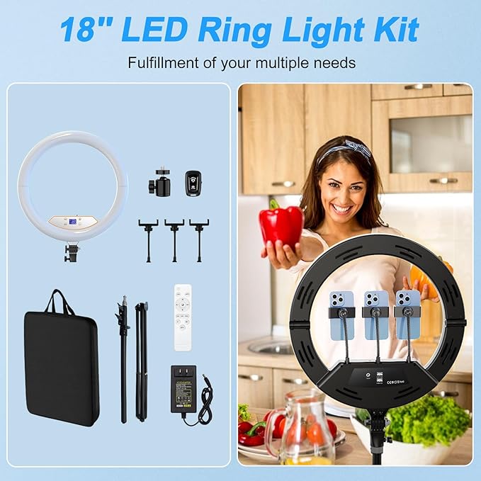 18 inch Ring Light with Stand,Foldable Large Ring Light for ipad iPhone,LCD Display/4 Clips/2 USB Ports,2700-6500K with Tripod for Tattoo Lash Barber Makeup Photography Lighting
