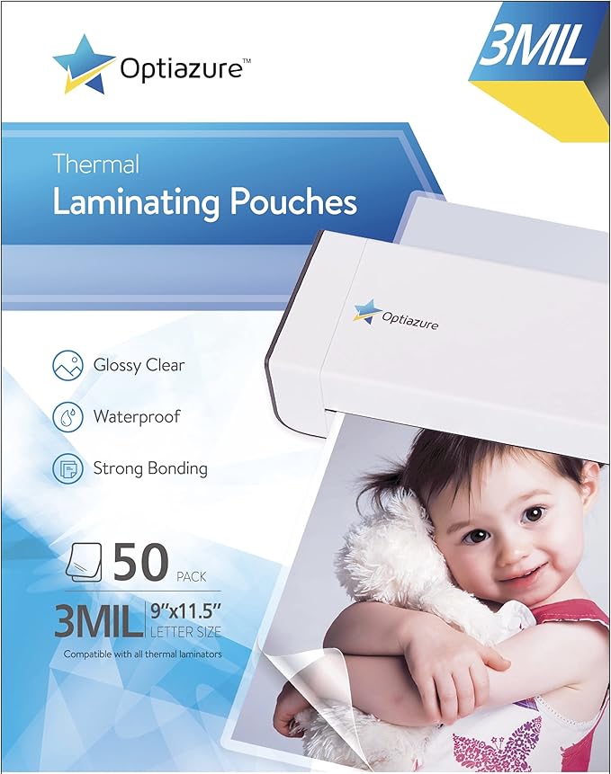 Optiazure Thermal Laminating Pouches 9"x11.5" Inches, 3mil 50Pack, Laminating Sheets, Clear, Letter Size,Office and School Supplies