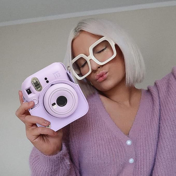 CAIYOULE Camera Case for Fujifilm Instax Mini 12 Instant Film Camera, PU Leather Protective Camera Crossbody Bag for Fuji Mini 12 with Photo Album, Adjustable Shoulder Strap, Lilac Purple-No Camera