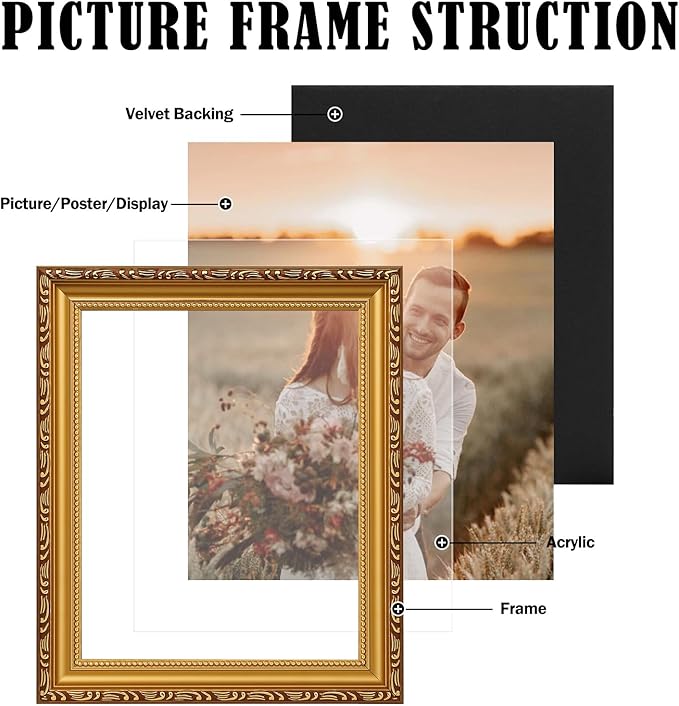 11×14 Picture Frame - Gold Picture Frames for Wall Hanging And Tabletop Display,Ornate Photo Frame,Vintage Frames,Christmas Frames,with Durable Plexiglass