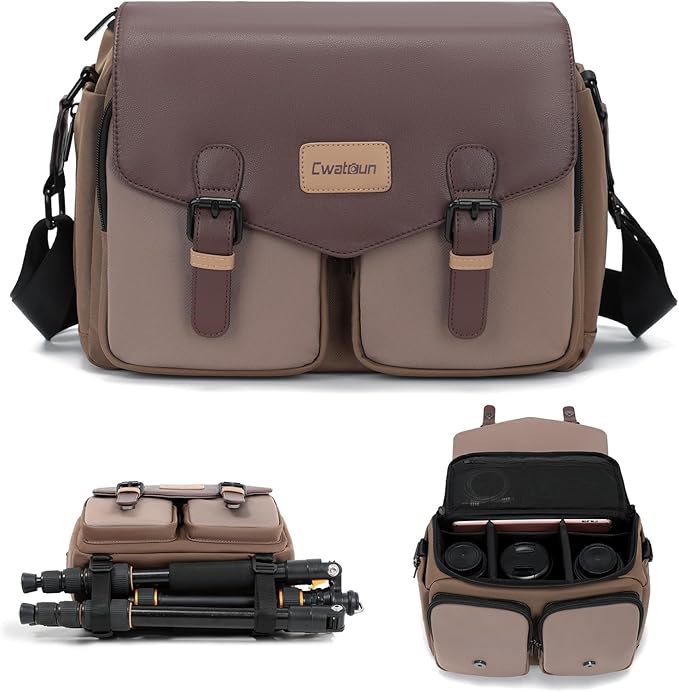 Cwatcun Camera Bag, Waterproof Flap Camera Crossbody Shoulder Messenger Case with Tripod Holder, Travel Photography Bag for Canon, Nikon, Sony, Fuji DSLR/SLR/Mirrorless Camera, Lens （Brown）, L