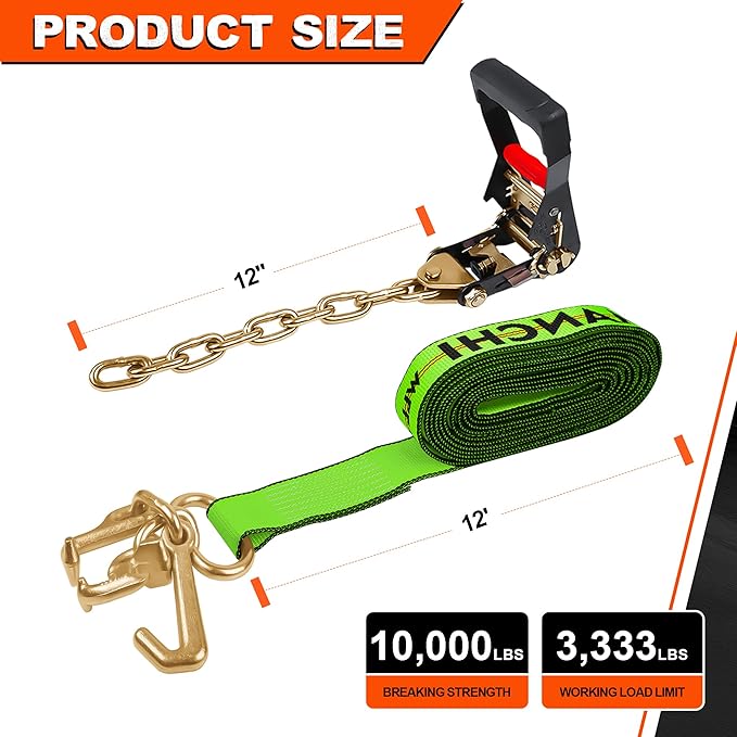 2" x 12' RTJ Cluster Hook Ratchet Straps with 8 Point Chain, 4 Pack - Heavy Duty Tow Strap for Trucks, Trailers, and Car Haulers - Wheel Tie Down Straps for Tow Trucks & Auto Transport