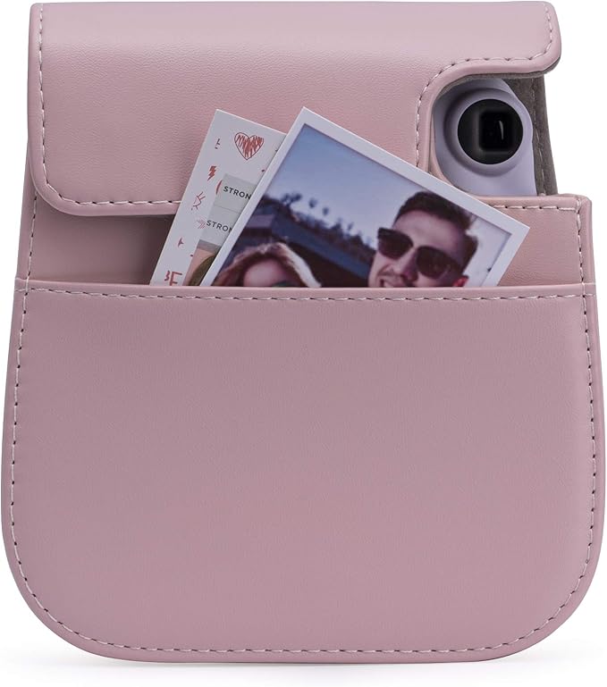 Frankmate PU Leather Camera Case Compatible with Fujifilm Instax Mini 11 12 Instant Camera with Adjustable Strap and Pocket (Pink)