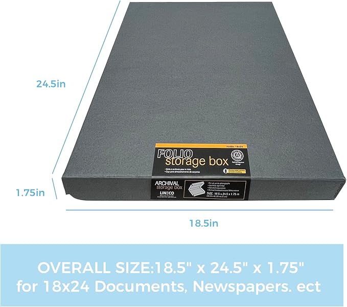 Lineco Folio Storage Box, Clamshell Design with Metal Edge. 18.5x24.5x1.75 Inches, Archival Boxboard, Preserve Photos, Cards, Magazines, Documents, Art, Ephemera, Family Records, Gray, Pack of 1