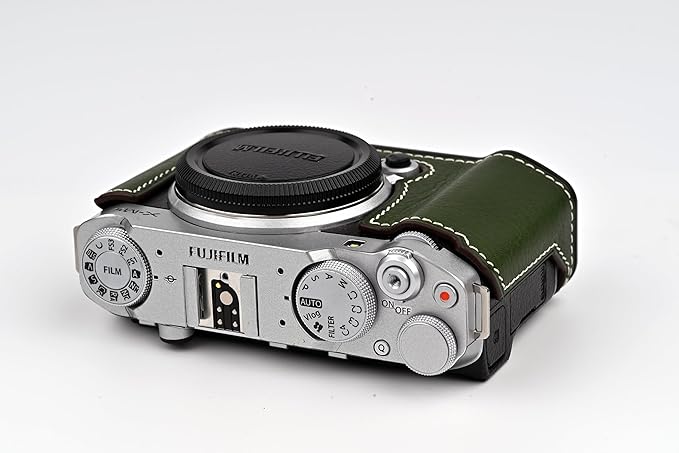 Handmade Genuine Leather Camera Half Case for Fujifilm X-M5/Fujifilm X-M5 Camera Case/Fujifilm X-M5 Case - Top Layer Cowhide Body + Metal Base Plate (Green M-Box)
