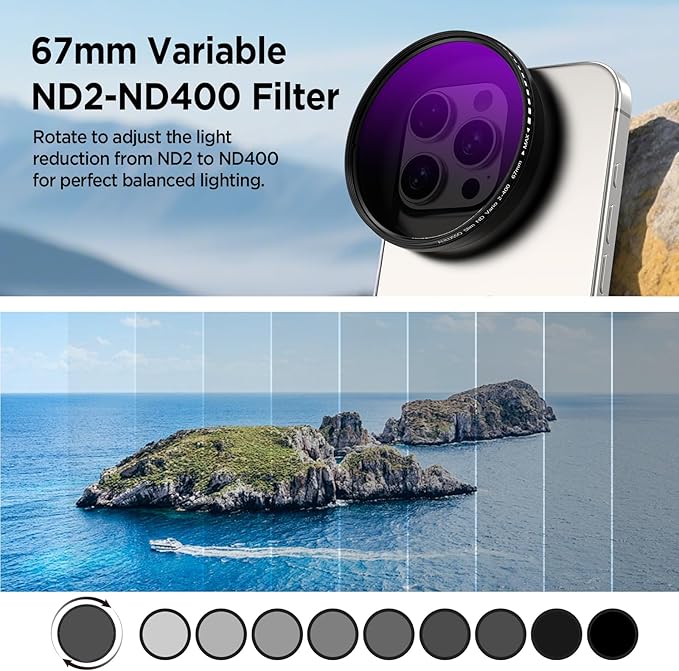 67mm Variable ND2-ND400 Filter for Phone, AR-Coated VND Lens with Metal Cold Shoe Clip, Adjustable Neutral Density Filter Compatible with iPhone 16 15 14 13 Pro Max Plus Samsung Galaxy Moto Google TCL