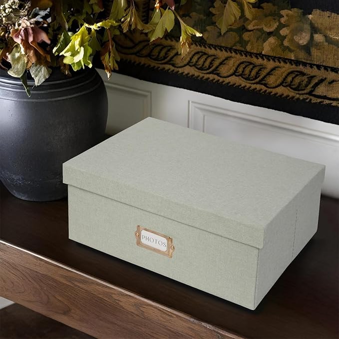 kroucoco Linen Photo Storage Box,Decorative Photo Organizer with Dividers Can Hold 1700 Photos(4x6) and Pictures,Photo Storage Containers with Lid for Cards,Stickers,Scrapbooks,Stamps,Keepsake