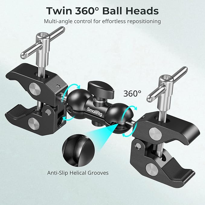 SMALLRIG Adjustable Double Clamp Mount, Dual Head 15-40mm Anti-Slip Clamp, 1.5kg Aluminum Alloy Clamp for Photography Lighting/Tripod/Studio - 5331