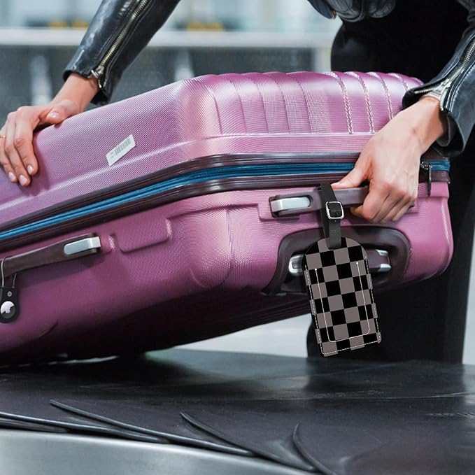 2 Pack Luggage Tag Suitcase Tags PU Leather Identifiers Privacy Cover Luggage Tags Aesthetic Cute Travel Bag Labels for Women Girls Men-Black Gray Checkered