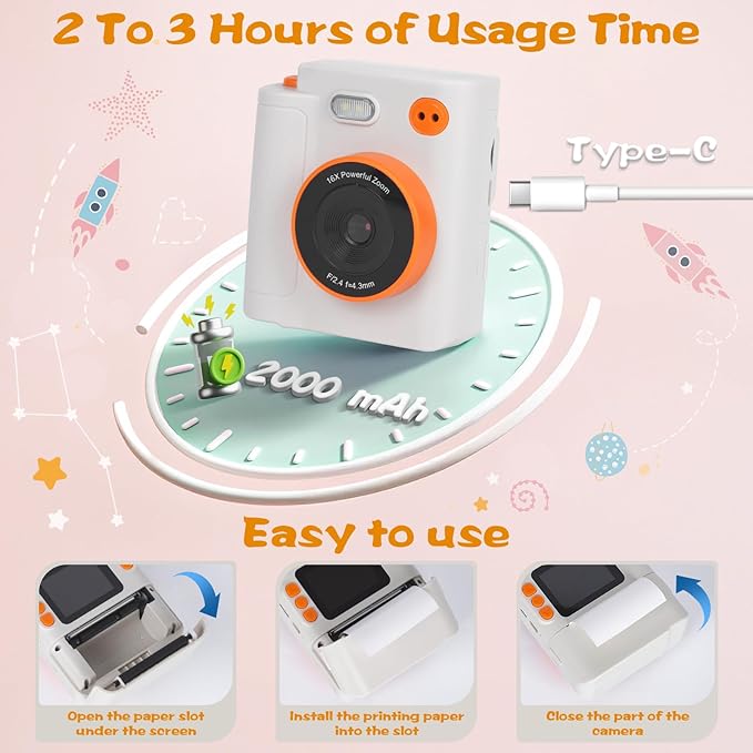 Kids Camera Instant Print, 1080P HD Dual-Lens Selfie Digital Camera with 5 Printing Paper Rolls & 32G TF Card, for Children, Portable Toddler Toy for Age 3-12 Boys & Girls (White)